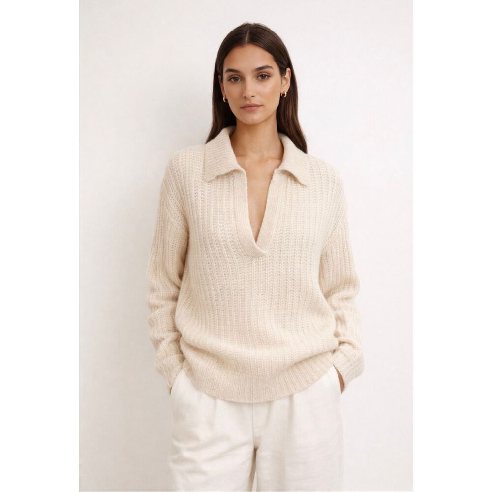 120% Lino Alpaca Cashmere Silk Polo Sweater Cream Italy S